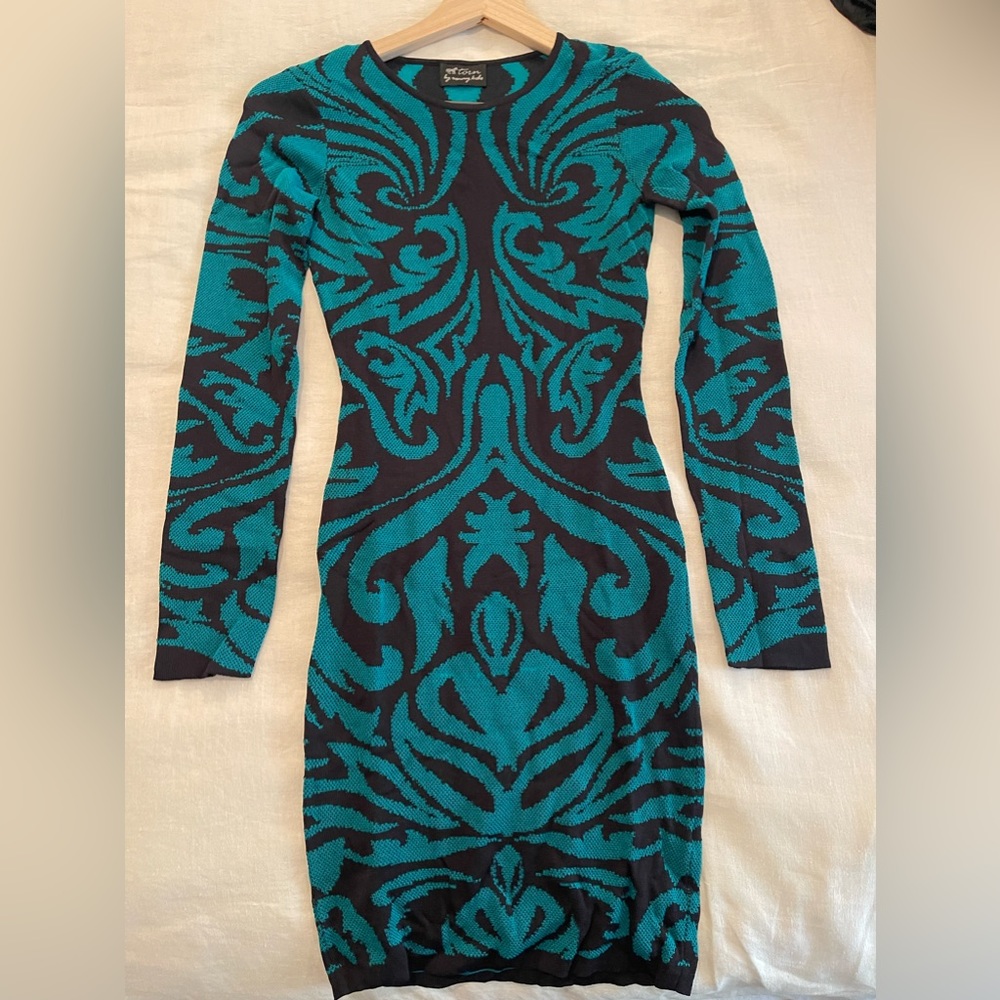 Torn by Ronny Kobo - Teal & Black Scrolled Patterned Bandage Dress Sz XS